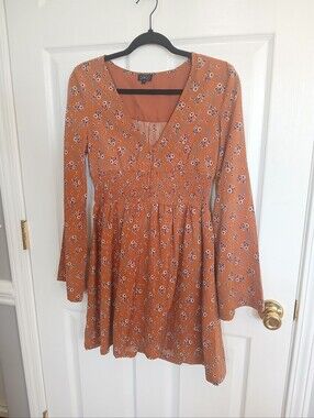 Lira Rust Ditzy Floral Long-Sleeve Smocked Waist Mini Dress Cottage Boho Fairy